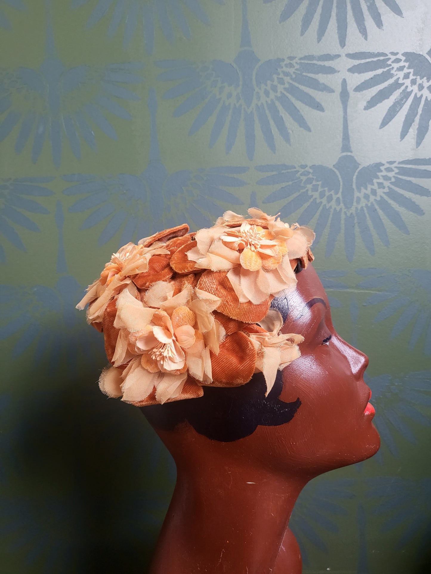 SOLD - Vintage 1950s-1960s Peach and Dark Orange Plush Velvet and Tan Chiffon Flower Crescent Topper