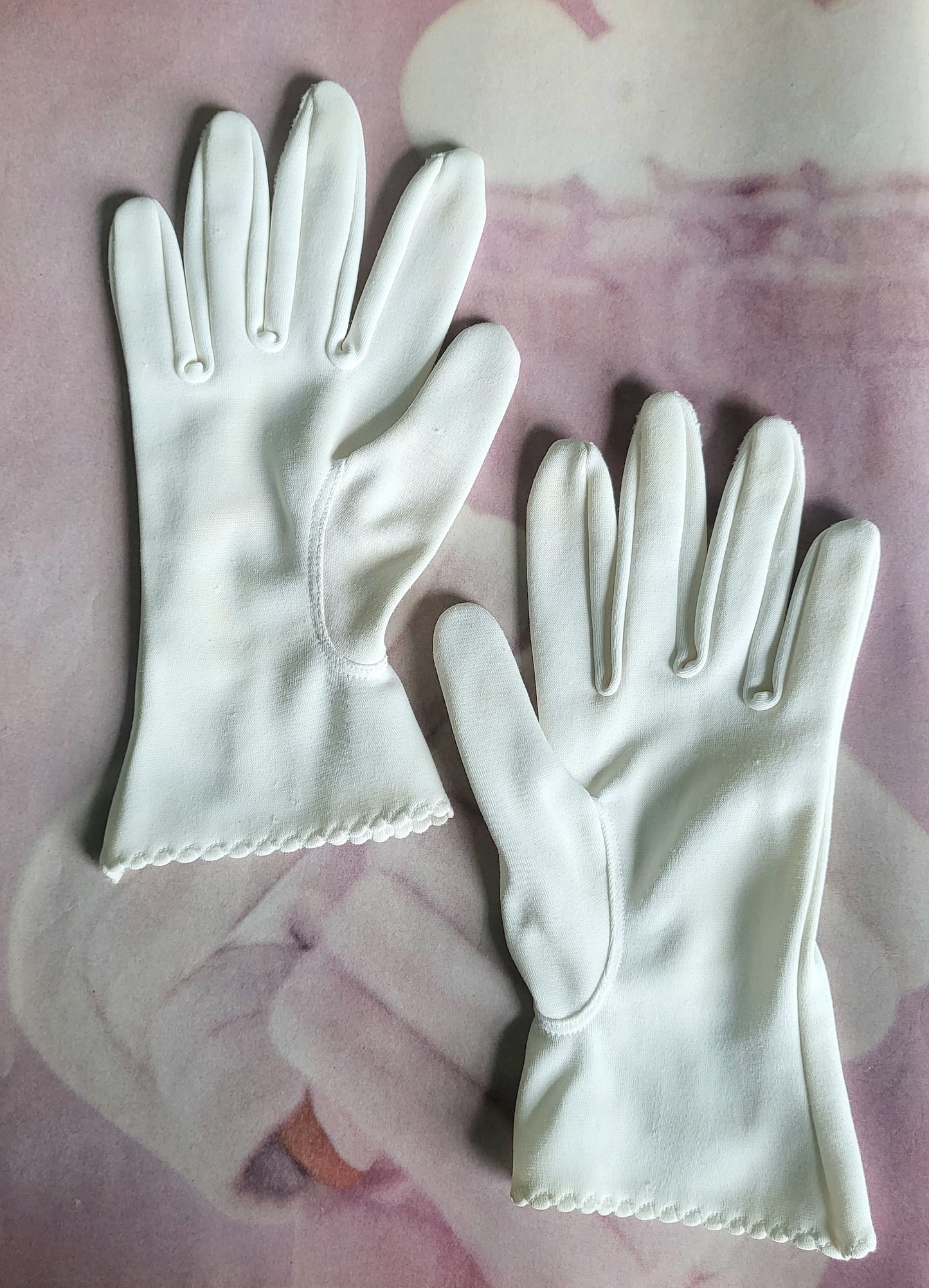 SOLD - Vintage 1950's-1960's White Nylon Gloves with Micro-Scalloped Edges