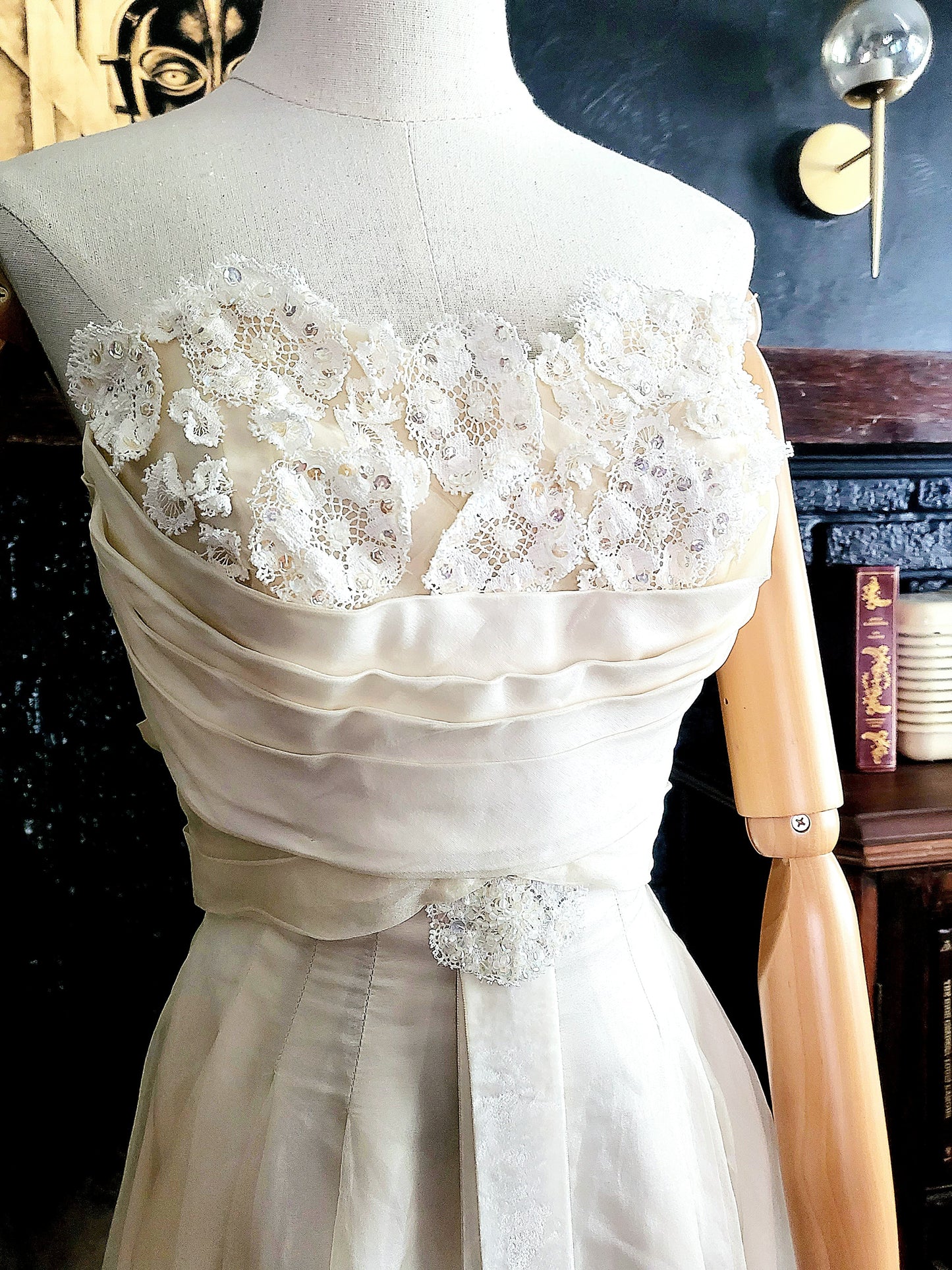 SOLD - Vintage 1950's Strapless Ivory Wedding Dress with Sequenced Lace Appliques