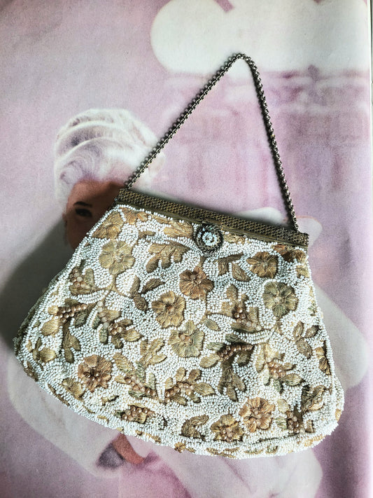 SOLD - Vintage 1930's Micro-Beaded and Embroidered Floral Evening Bag - Gold & Ivory