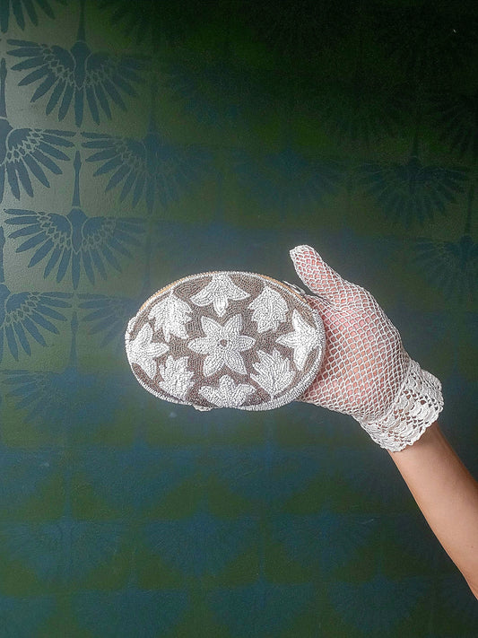 STOLEN - Vintage 1930s Hand Beaded Palm Clutch - Silver and White