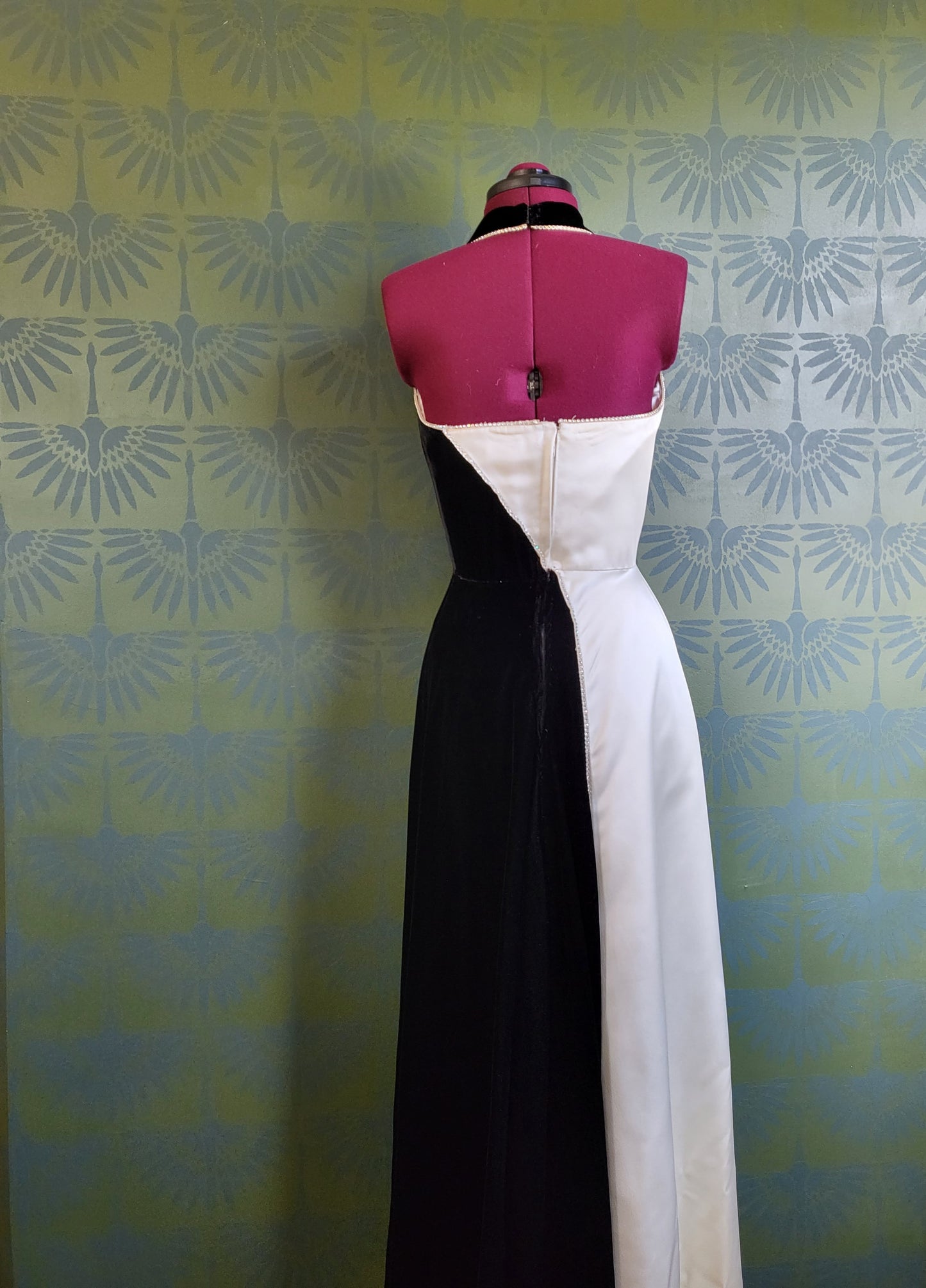 SOLD - Vintage Black Velvet and Ivory Satin Evening Halter Gown