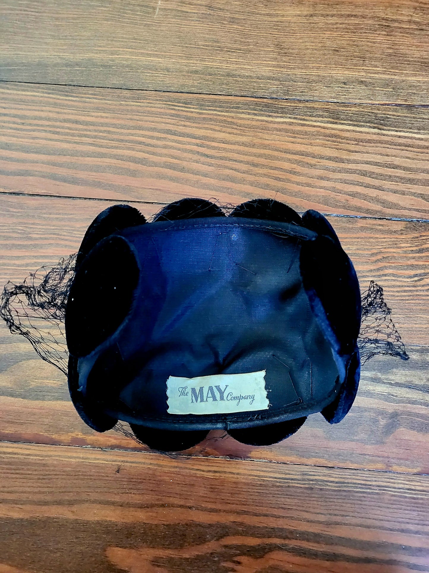 SOLD - Vintage 1950's The May Company Black Velvet Dot Crescent Cap with Birdcage Veil