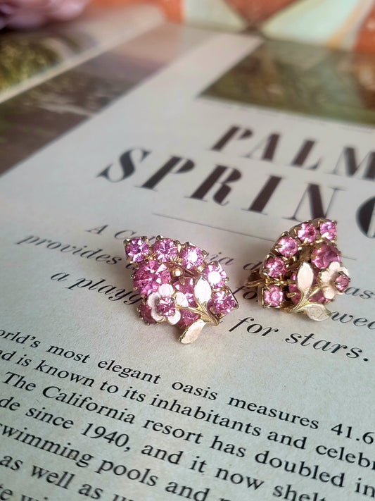 SOLD - Vintage Pink Enamel Daisy with Pink Rhinestone Cluster Studs (Clip-on)