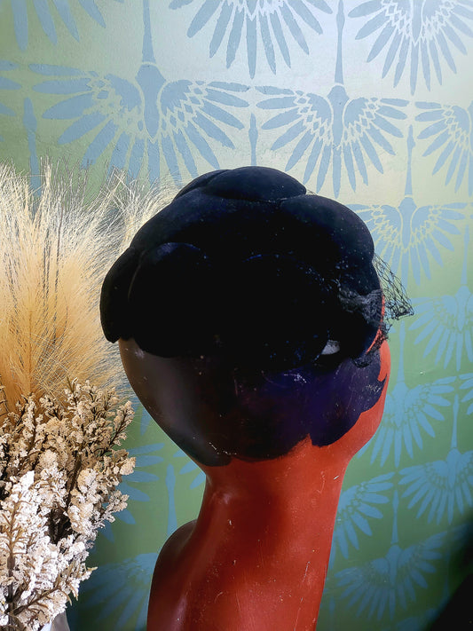 SOLD - Vintage 1950's The May Company Black Velvet Dot Crescent Cap with Birdcage Veil