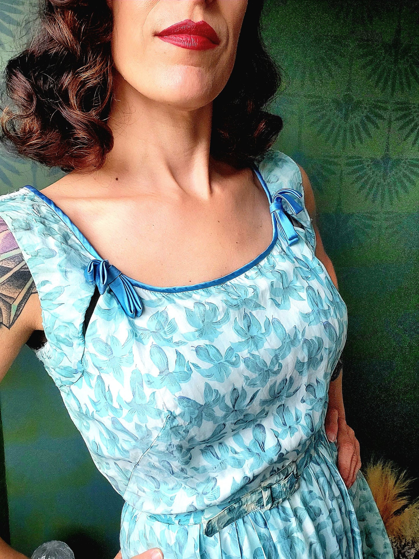 SOLD - Vintage 1950's Robbin Egg Blue Floral Full Skirt Dress With Sky Blue Ribbon Detail