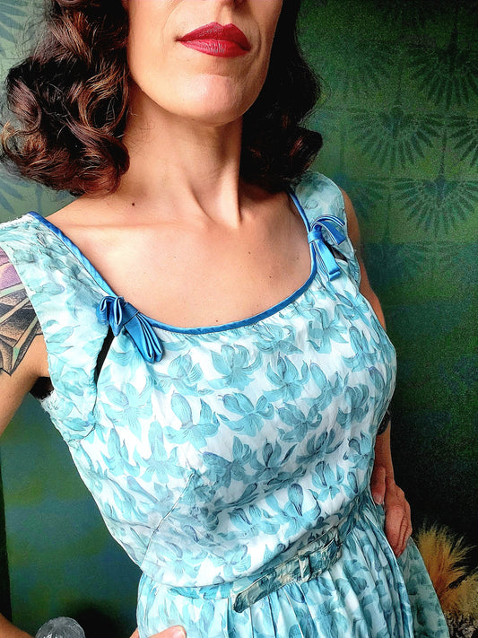 SOLD - Vintage 1950's Robbin Egg Blue Floral Full Skirt Dress With Sky Blue Ribbon Detail