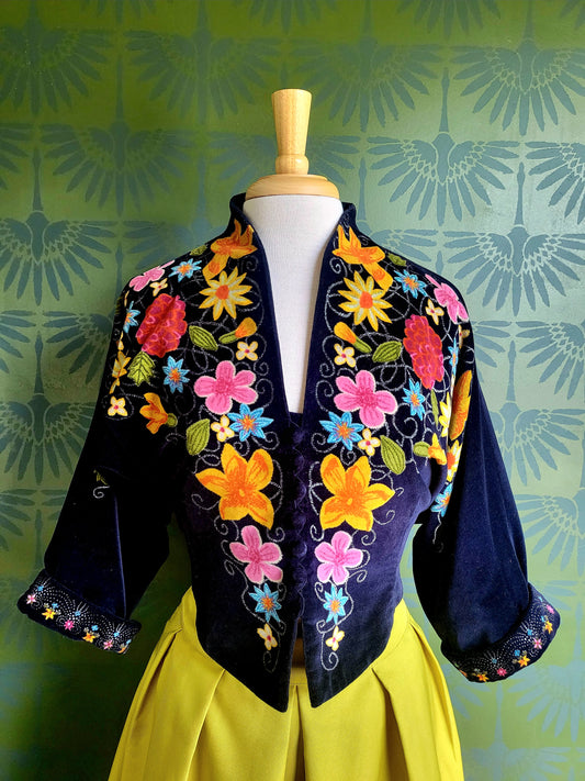 SOLD - Vintage Platinum by Dorothy Schoelen Navy Velvet Floral Bolero