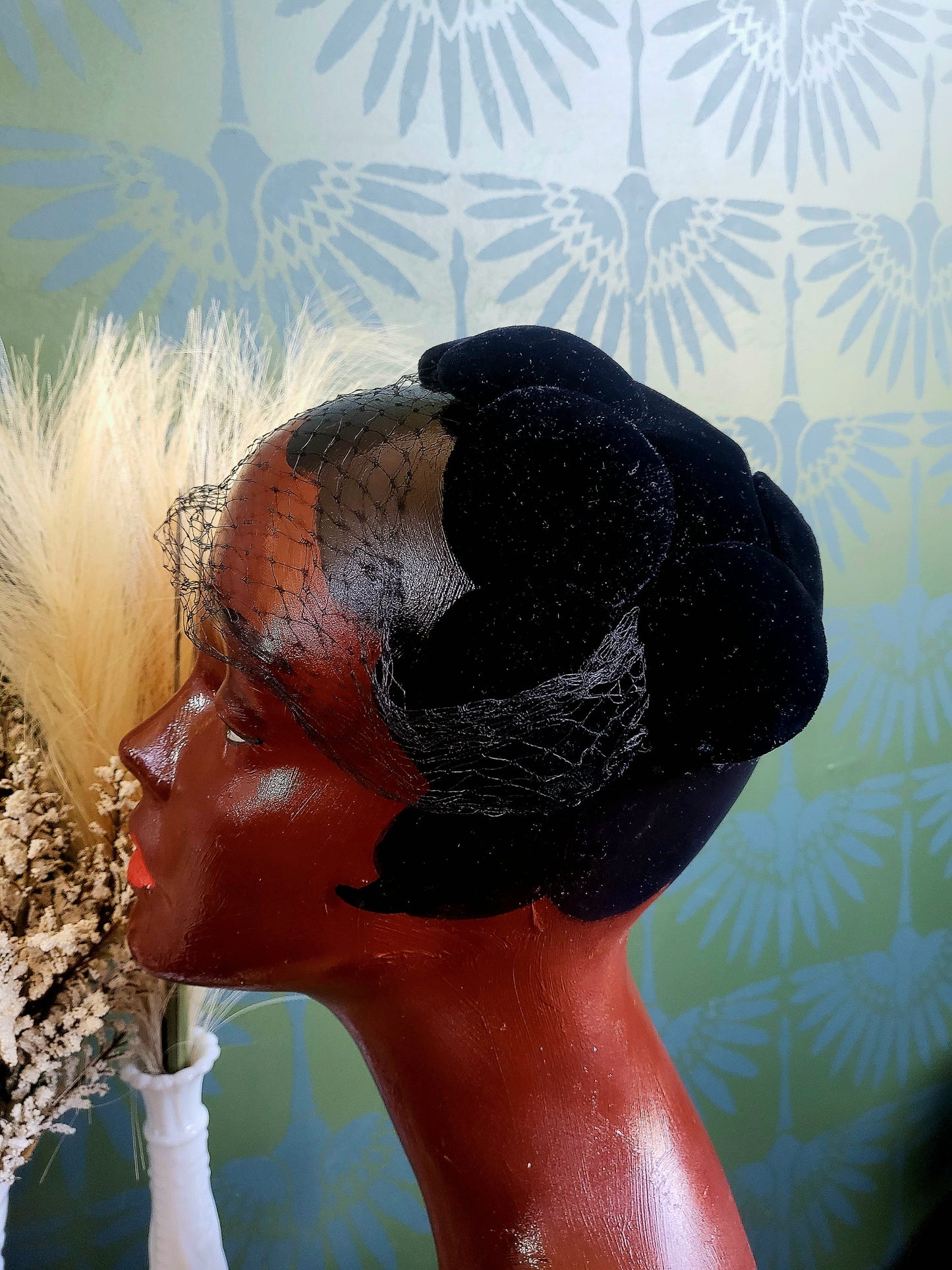 SOLD - Vintage 1950's The May Company Black Velvet Dot Crescent Cap with Birdcage Veil
