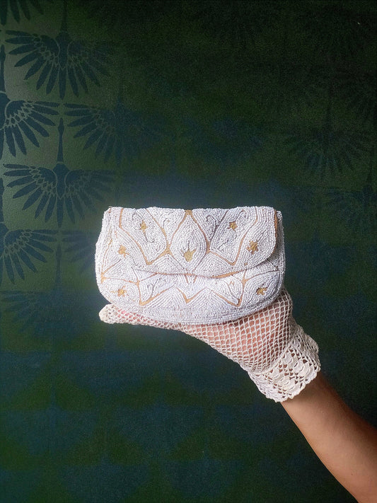 SOLD - Vintage 1930s Hand Beaded Palm Clutch - White and Peach