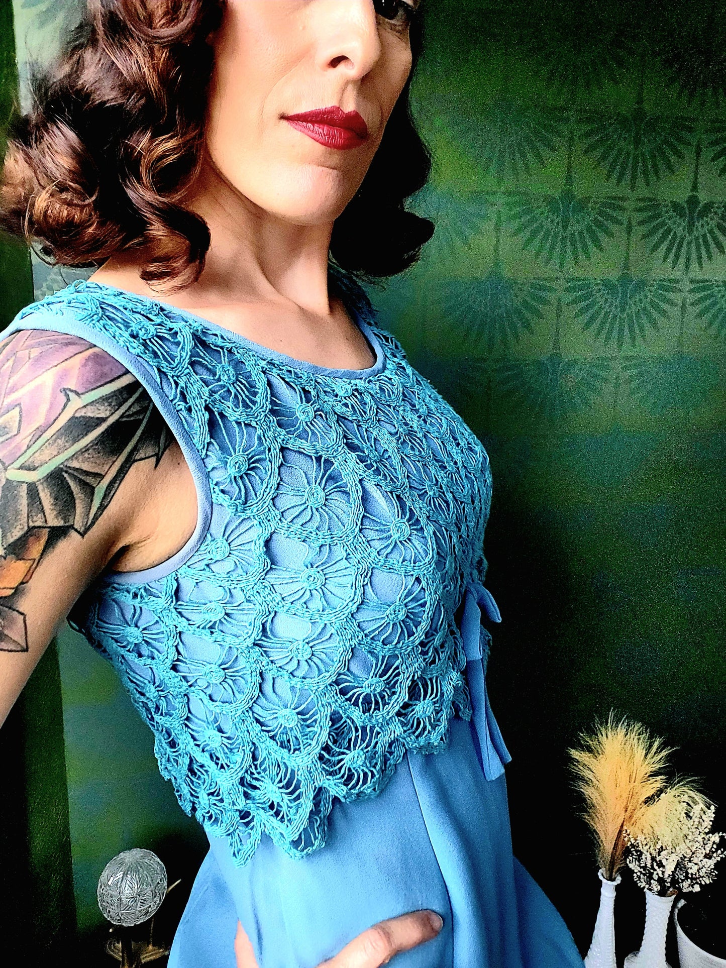 SOLD - Vintage 1960's Sky Blue with Teal Crocheted Bodice Shift Dress