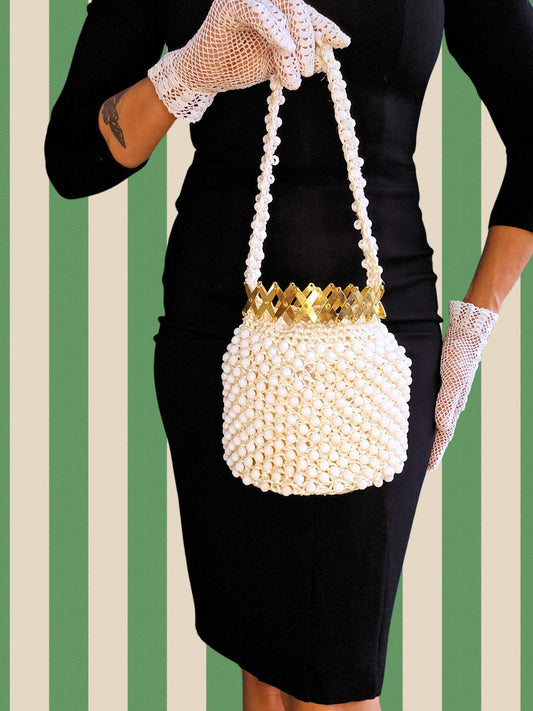 SOLD - Vintage 1950's "Le Jule" White Beaded Straw Accordion Top Bag