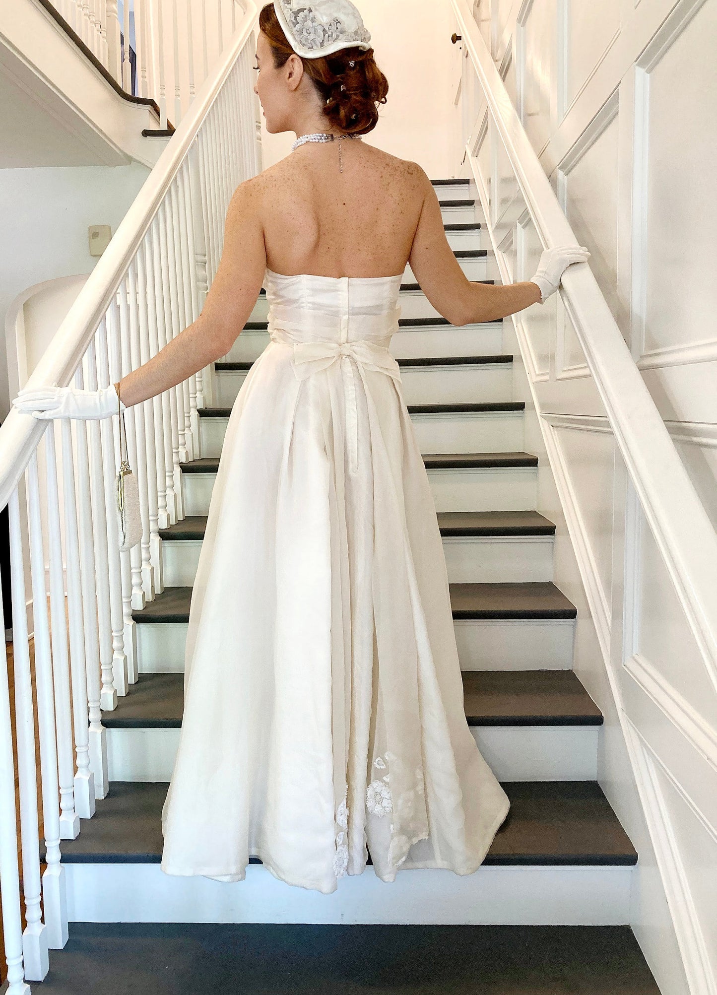 SOLD - Vintage 1950's Strapless Ivory Wedding Dress with Sequenced Lace Appliques