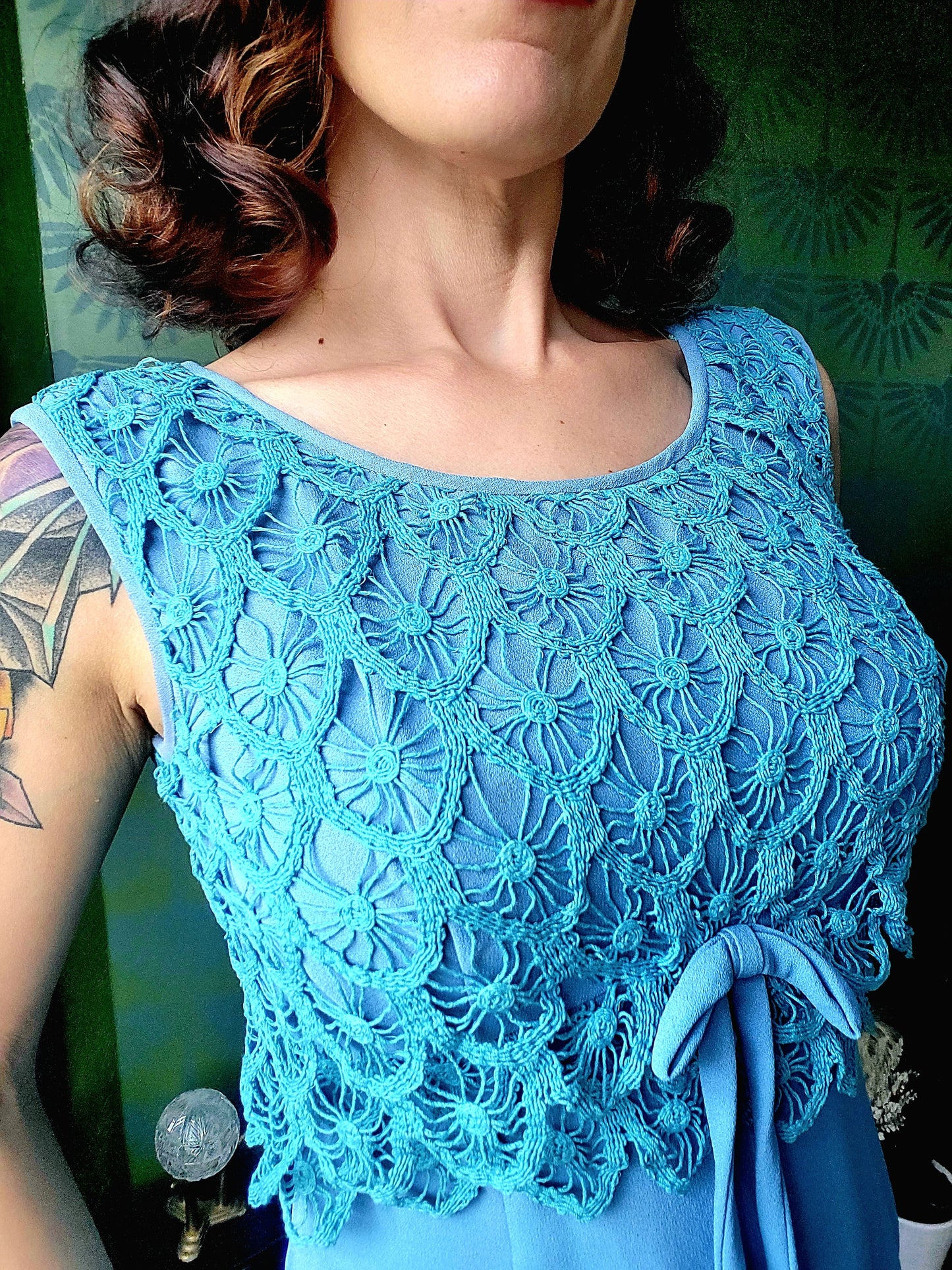 SOLD - Vintage 1960's Sky Blue with Teal Crocheted Bodice Shift Dress