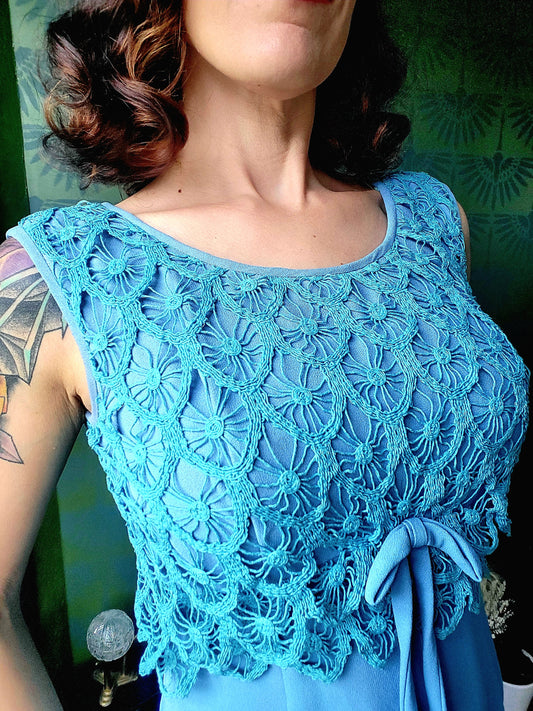 SOLD - Vintage 1960's Sky Blue with Teal Crocheted Bodice Shift Dress