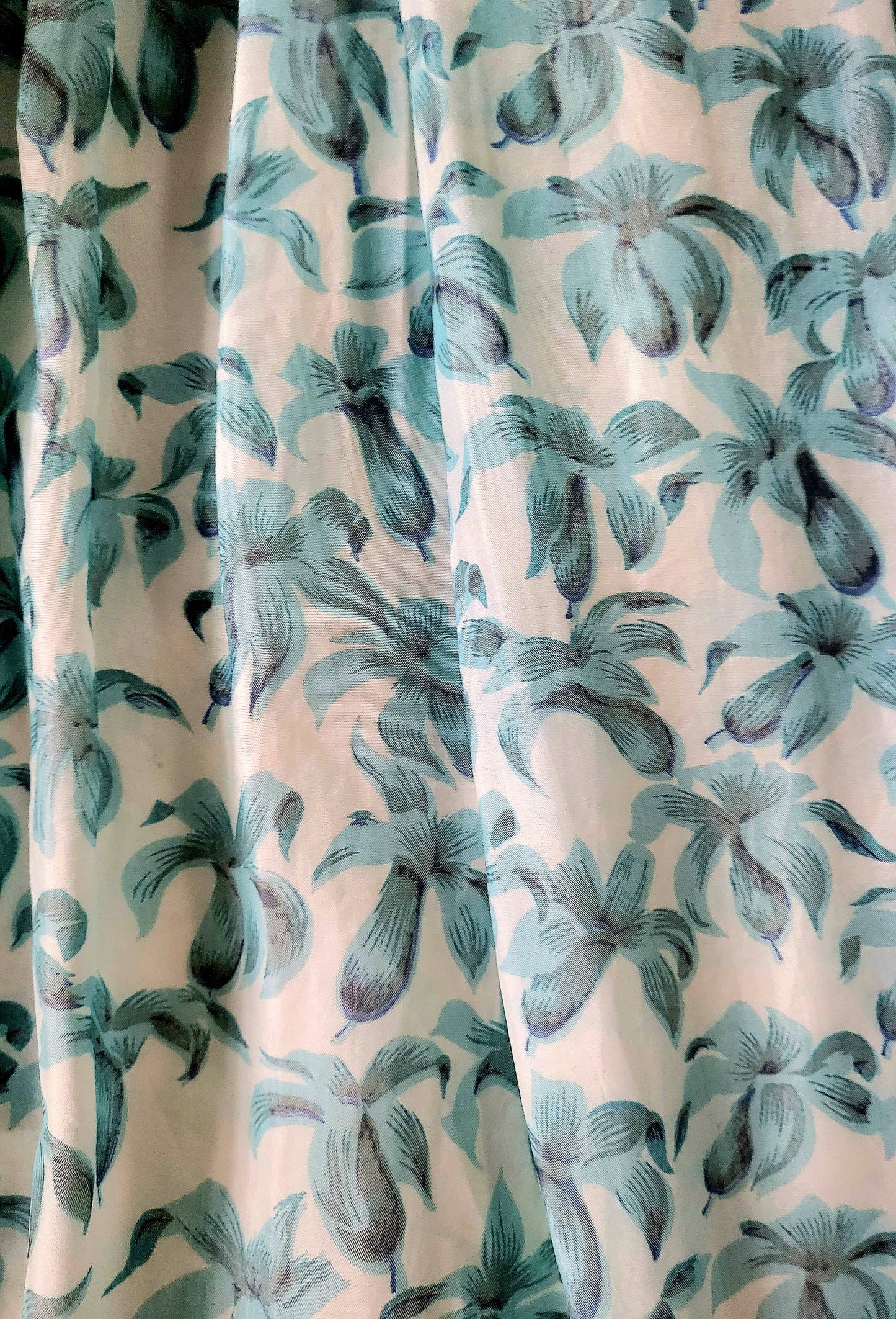 SOLD - Vintage 1950's Robbin Egg Blue Floral Full Skirt Dress With Sky Blue Ribbon Detail