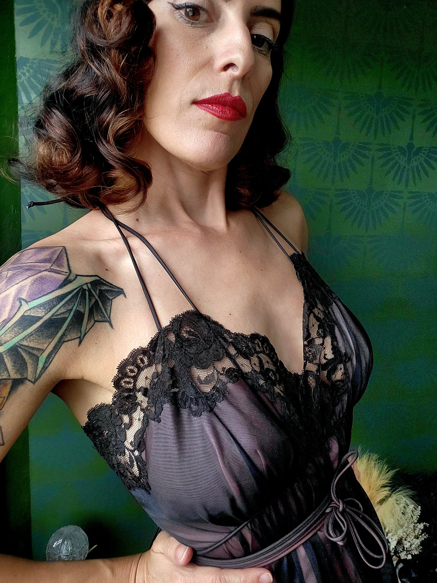 SOLD - Vintage 1950's Vanity Fair Negligee - Black/Pink