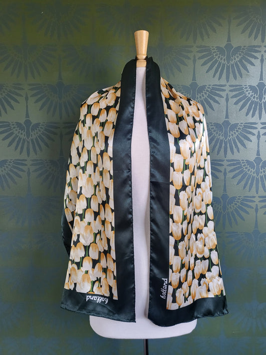 SOLD - Vintage Robin Ruth Tulip Scarf Forrest Green Floral Flowers Long Rectangle