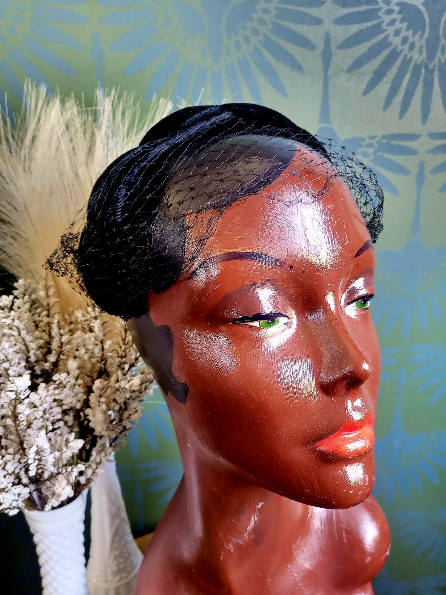 SOLD - Vintage 1950's The May Company Black Velvet Dot Crescent Cap with Birdcage Veil