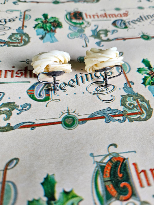 SOLD - Vintage Ivory Bakelite Twisted Knot Earrings (Screw Post)