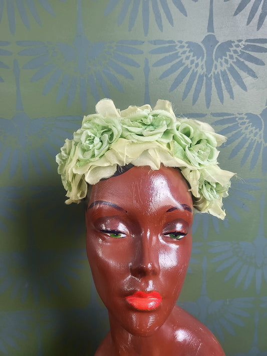 SOLD - Vintage 1950s-1960s Pale Green Chiffon Flower and Petal Juliet Cap