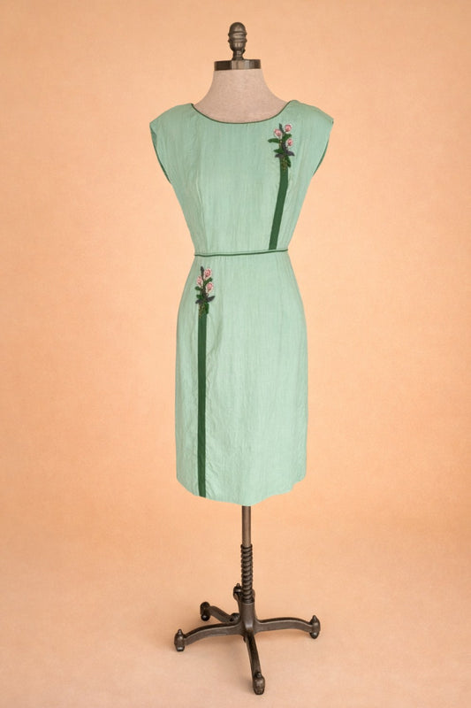 Vintage 1960s Mint Green Beaded Linen Pencil Dress