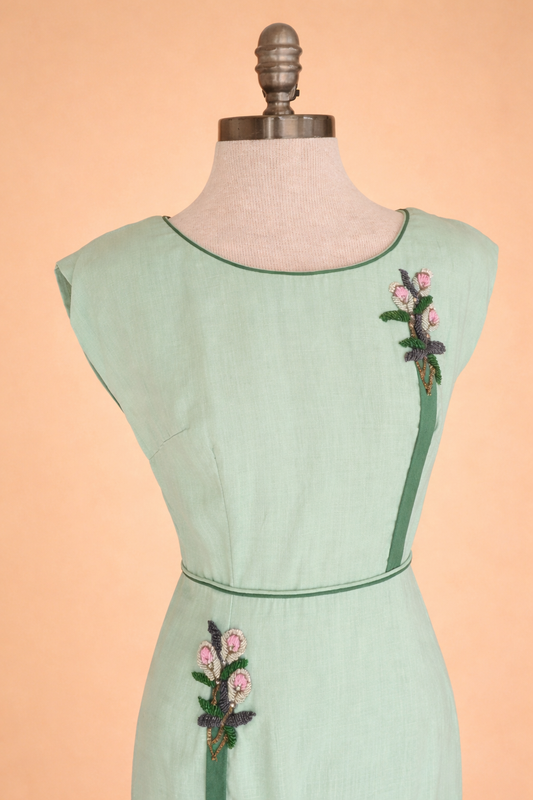Vintage 1960s Mint Green Beaded Linen Pencil Dress