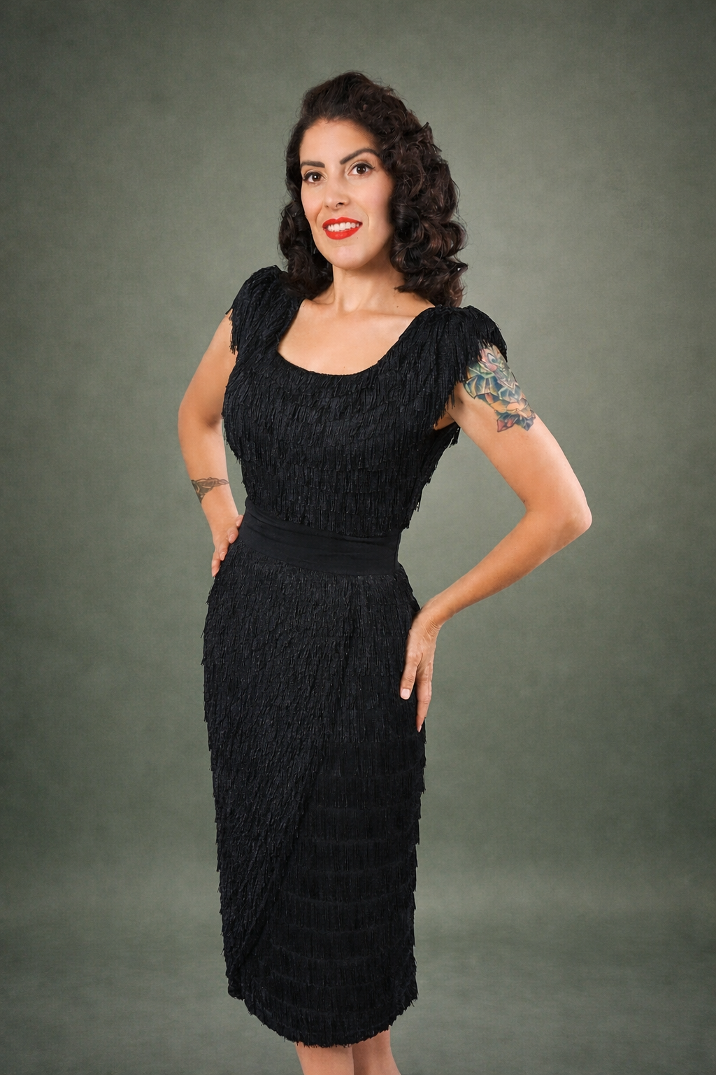 Vintage 1950's Patullo-Jo Copeland Silk Crepe Fringe Wiggle Dress