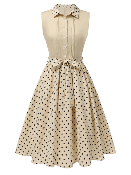 Beige Polka Dot Shirtwaist Dress
