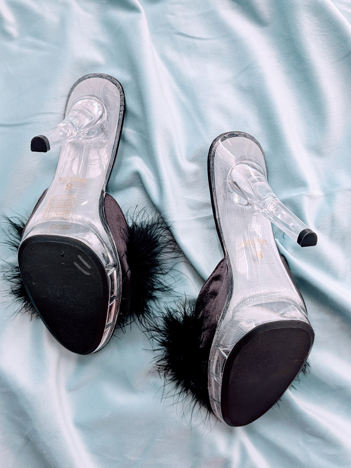 "Ellie" Black Marabou & Clear Lucite Mules