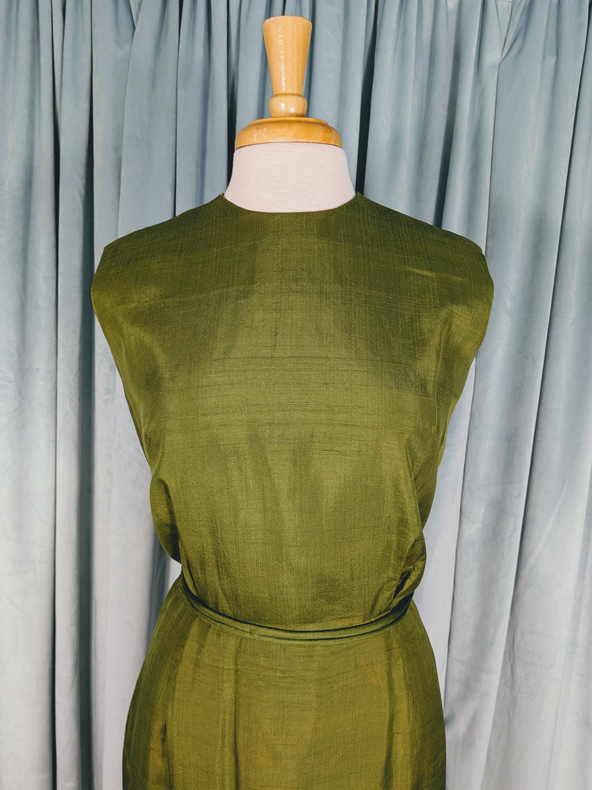 Vintage Mid-Century Olive Green Silk Shift Dress