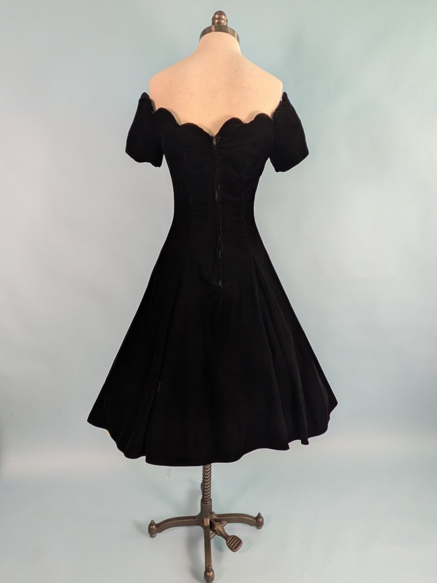 Vintage 1980s Does 1950s "Niki" Off Shoulder Black Velvet Cocktail Dress