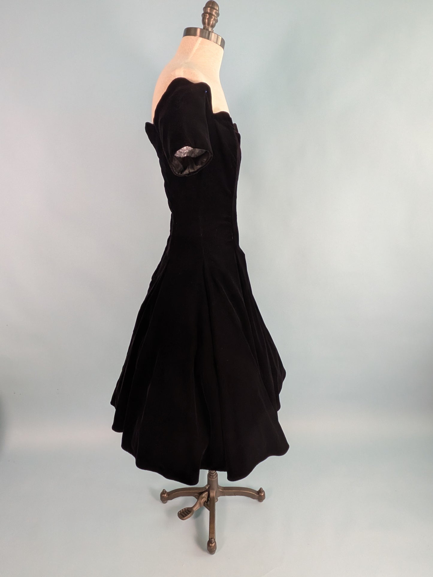 Vintage 1980s Does 1950s "Niki" Off Shoulder Black Velvet Cocktail Dress