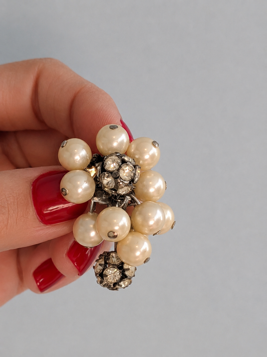 Vintage 1950s Pearl & Rhinestone Cluster Earrings