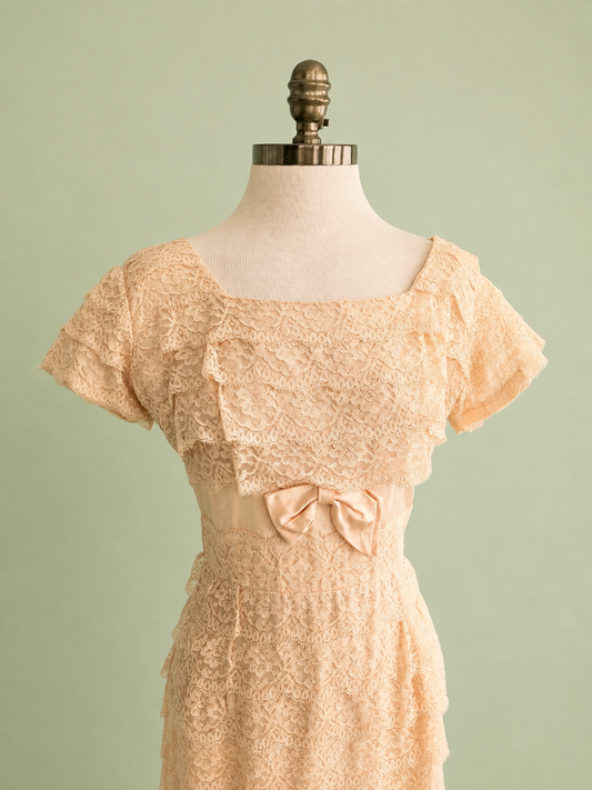 Vintage Mid-Century Pale Peach Lace Pencil Dress