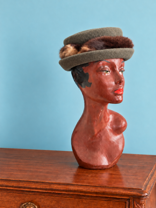 Vintage Mid-Century Wool Porkpie Hat with Mink Foot Adornment