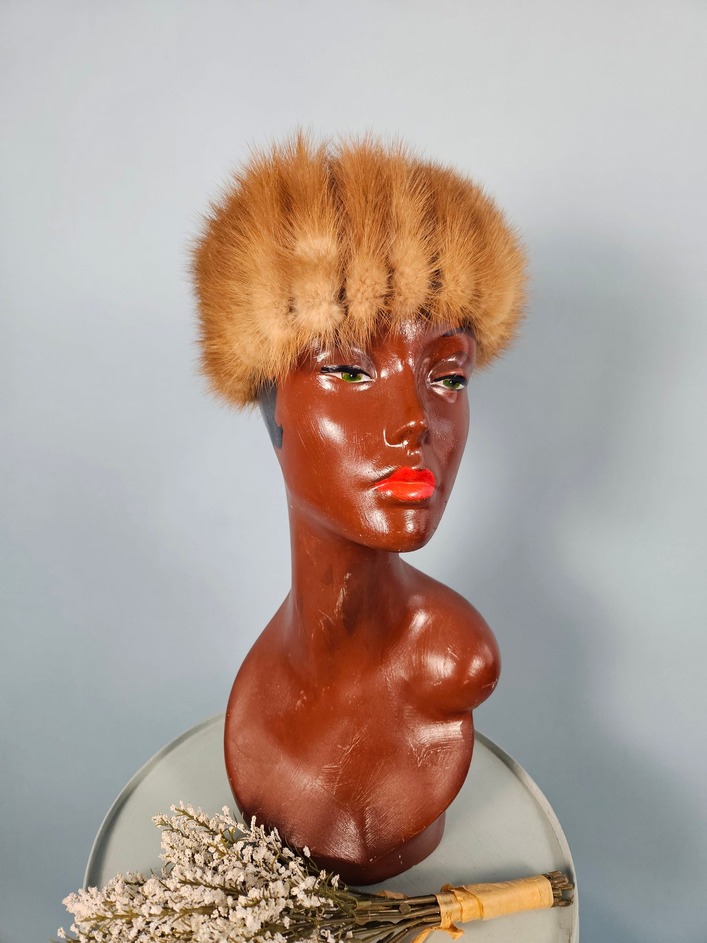 1940s-1950s Golden Honey Mink Pillbox Hat