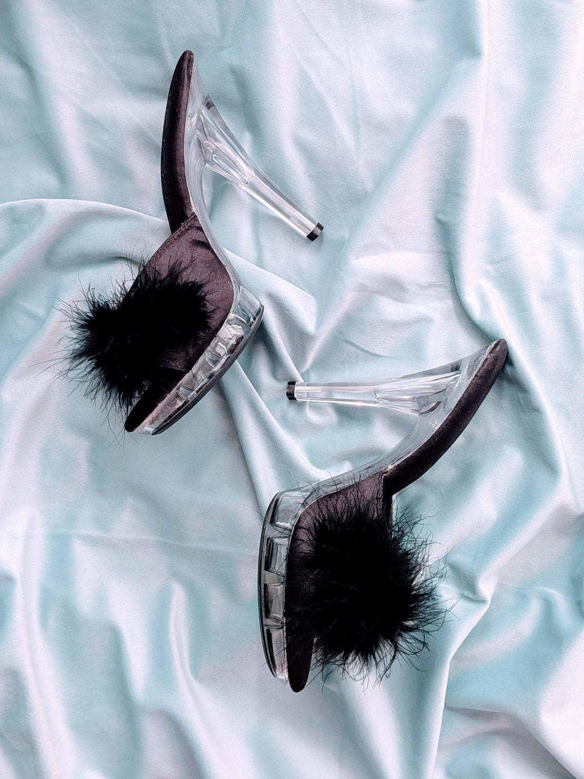 "Ellie" Black Marabou & Clear Lucite Mules