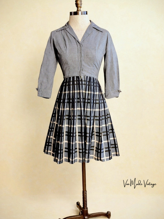 Vintage 1950s Jerell Jr. Gray Plaid Shirtwaist Dress