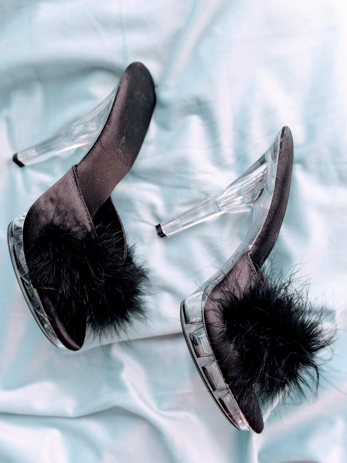 "Ellie" Black Marabou & Clear Lucite Mules