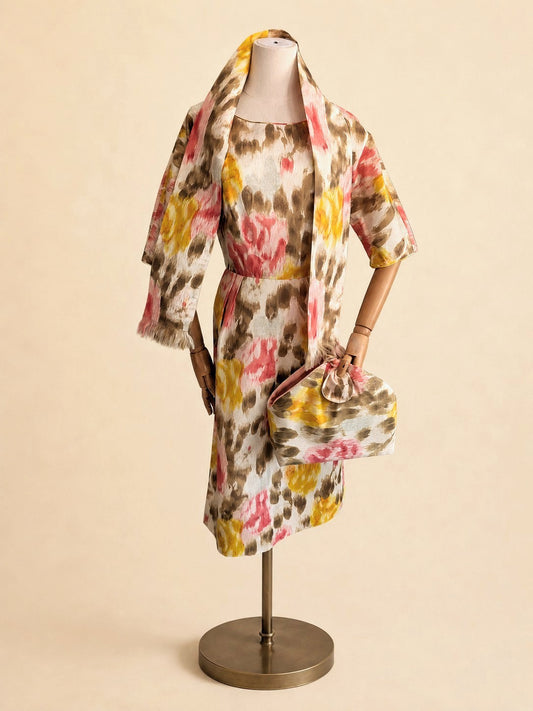 Vintage Mid-Century Floral Dress & Accessories Set