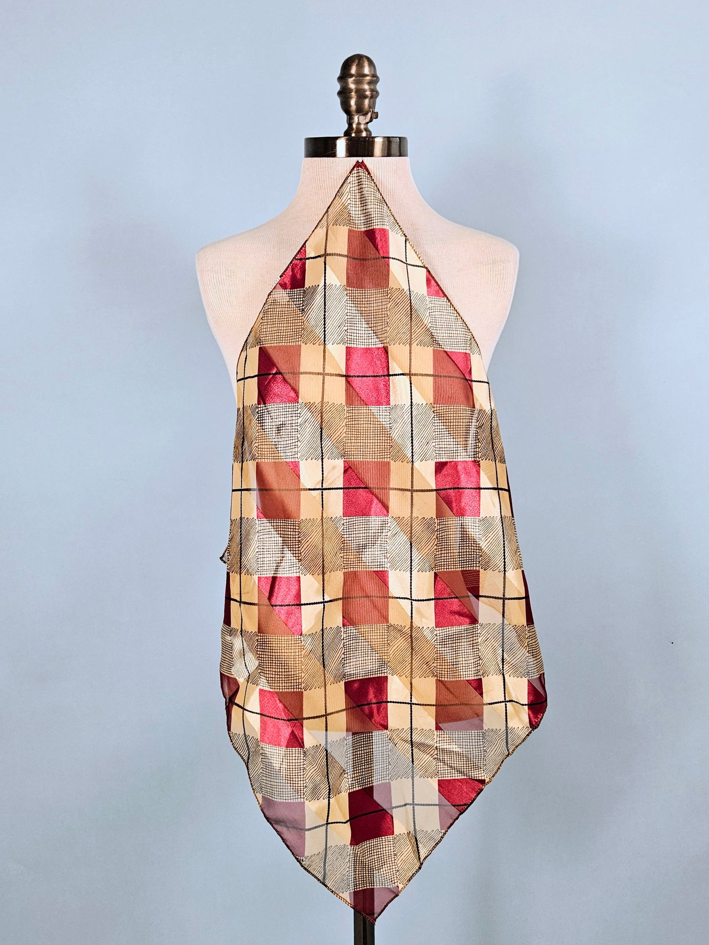 Bordeaux & Tan Check Print Square Scarf