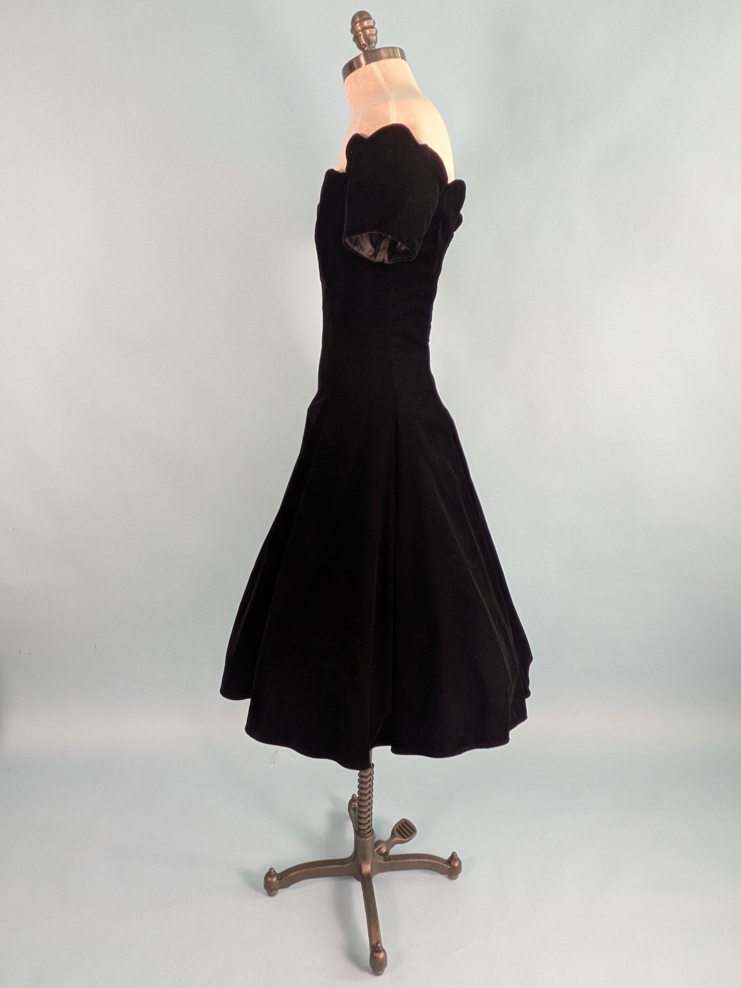 Vintage 1980s Does 1950s "Niki" Off Shoulder Black Velvet Cocktail Dress