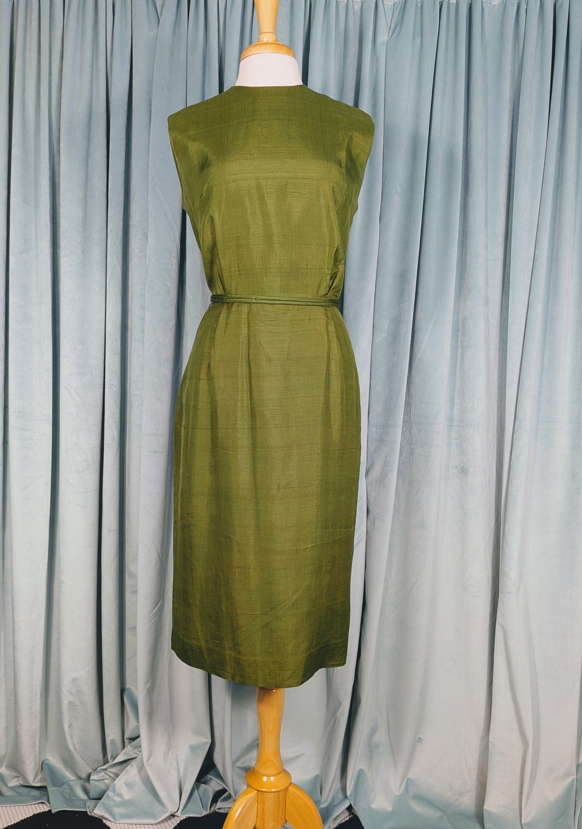 Vintage Mid-Century Olive Green Silk Shift Dress