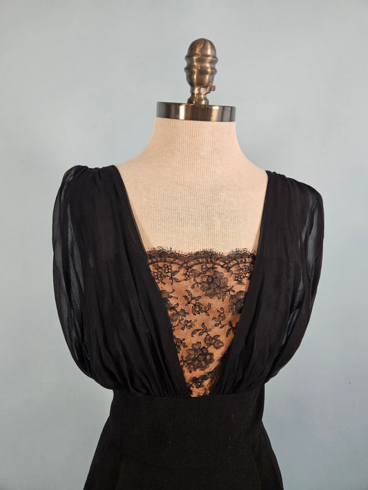 Vintage Black Cocktail Dress with Lace and Silk Chiffon Bodice