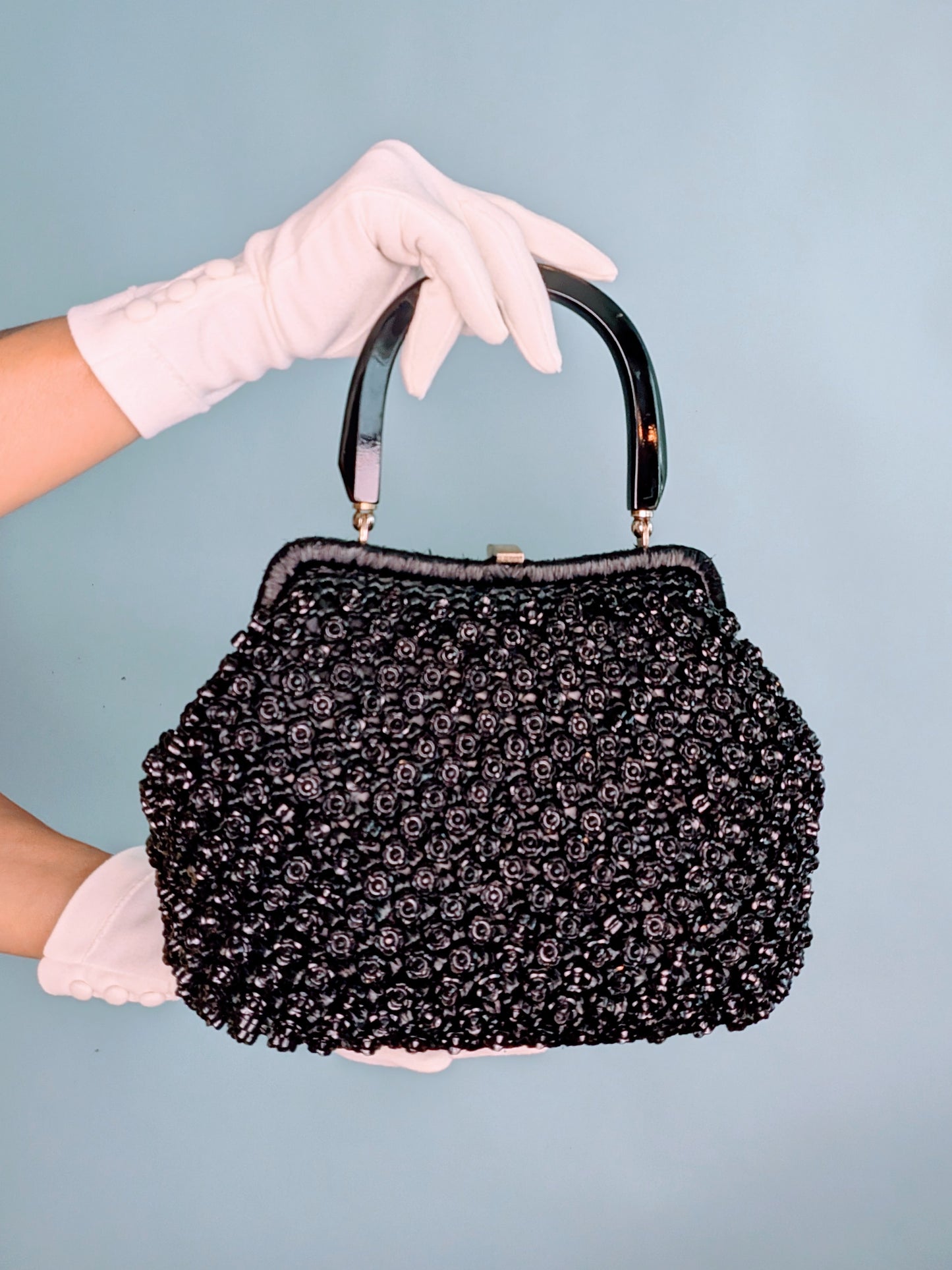Vintage 1950s Black Lucite Beaded Handbag