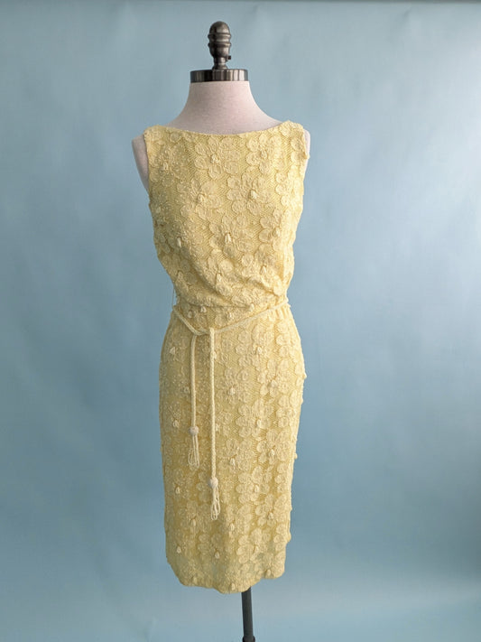 Vintage 1960s Elissa of California Yellow Beaded Pencil Dress