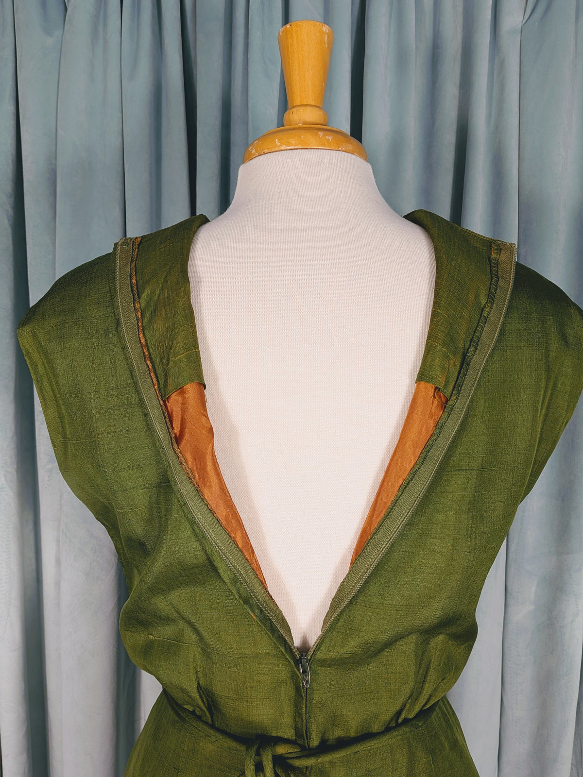 Vintage Mid-Century Olive Green Silk Shift Dress
