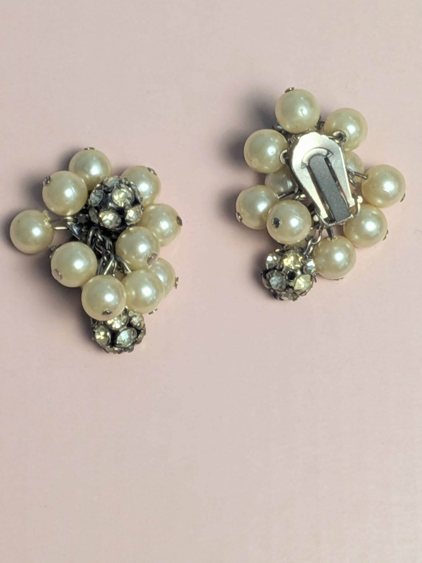 Vintage 1950s Pearl & Rhinestone Cluster Earrings