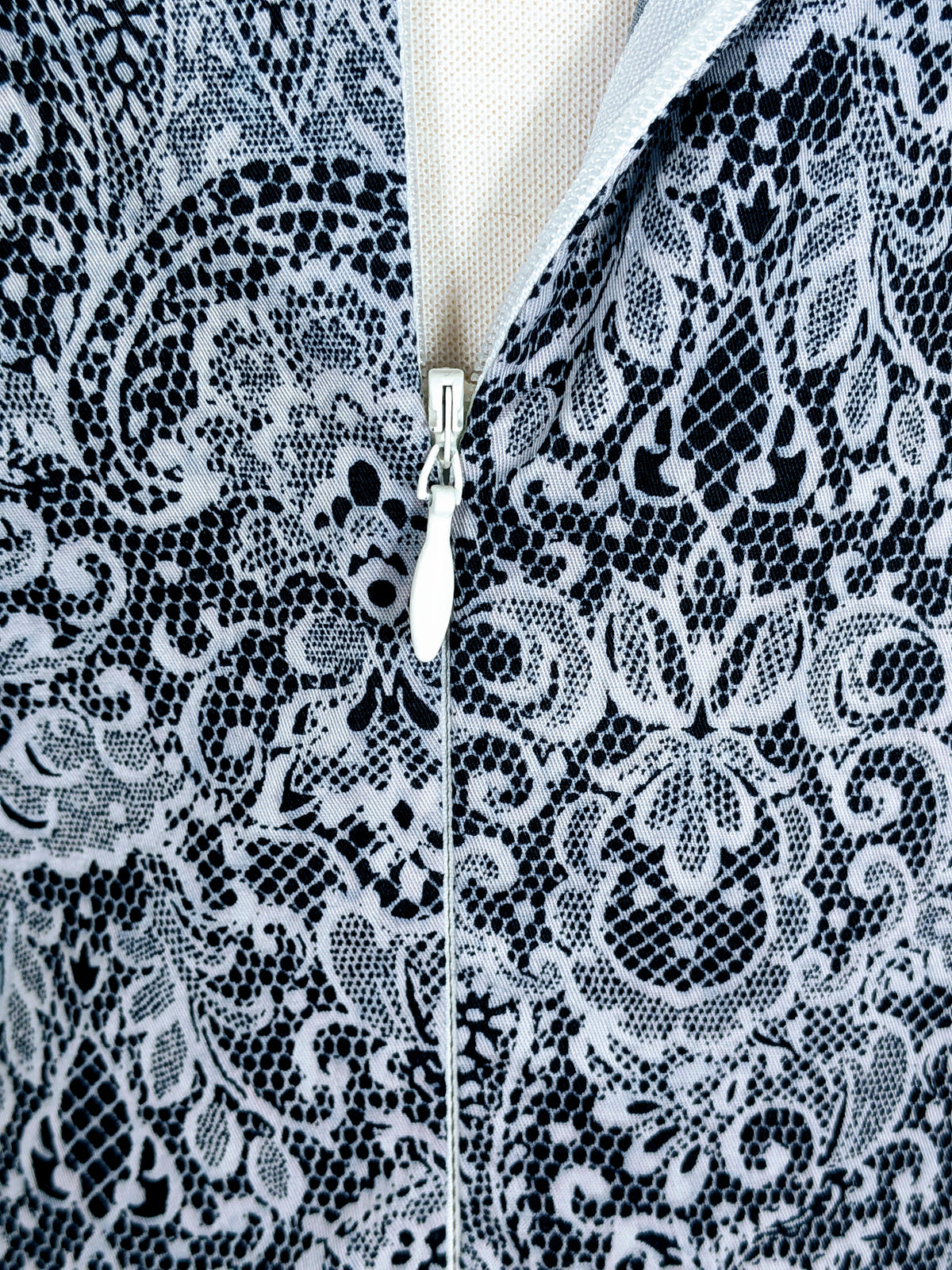 Unique Vintage 1950s Style Black & White Lace Effect Fit & Flare Frock